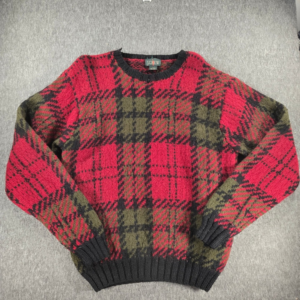 Vintage J.Crew Oarsman Sweater Mens Large Wool Tartan Plaid Heavy Knit Crewneck